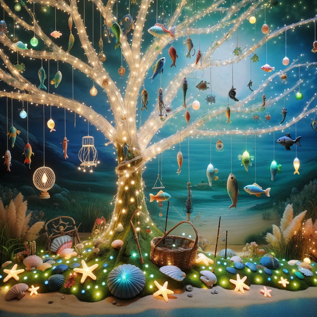 DALL·E 2023-12-23 18.32.19 - A fantastical and whimsical scene featuring a tree adorned with fish-themed lights and fishing-related objects. The tree has an enchanting appearance,